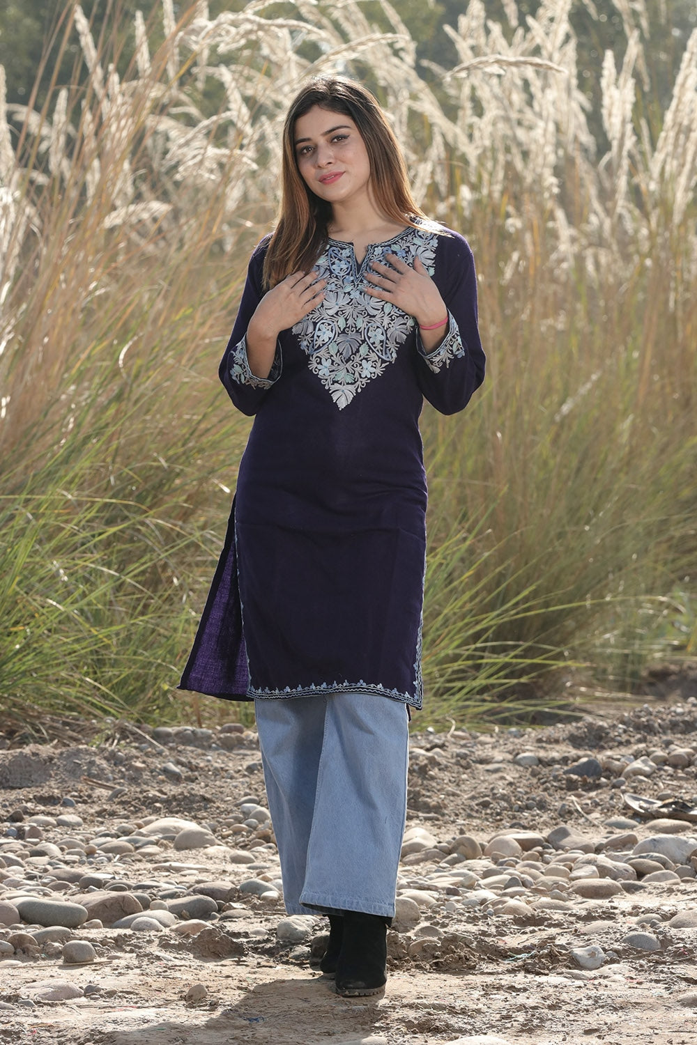 VERSATILE NAVY BLUE COLOUR AARI WORK EMBROIDERED KURTI
