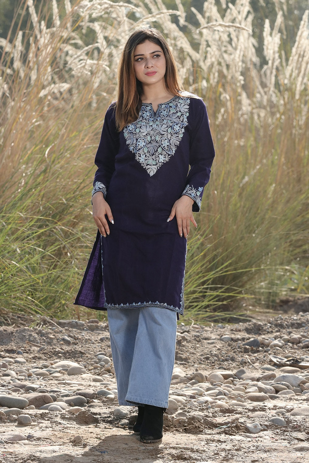 VERSATILE NAVY BLUE COLOUR AARI WORK EMBROIDERED KURTI