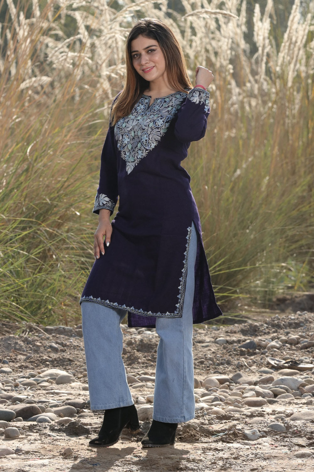 VERSATILE NAVY BLUE COLOUR AARI WORK EMBROIDERED KURTI