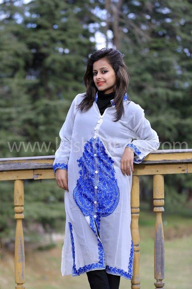 White Blue Colour Georgette Kashmiri Work Designer Tunics