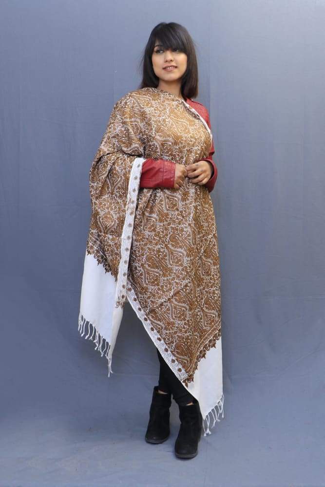 White Brown Colour Stole With Kashmiri Embroidery