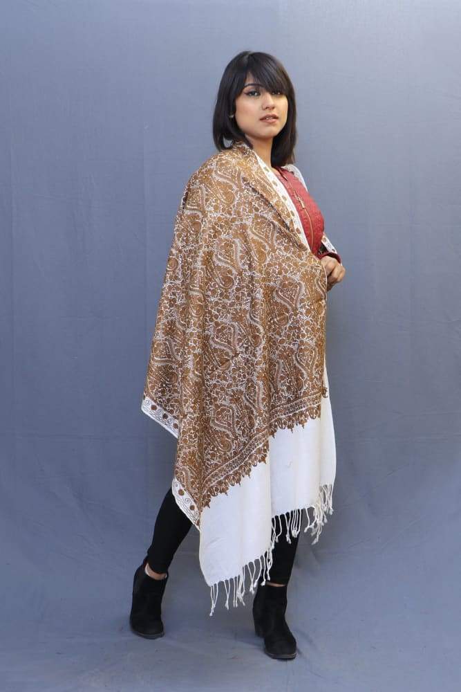 White Brown Colour Stole With Kashmiri Embroidery