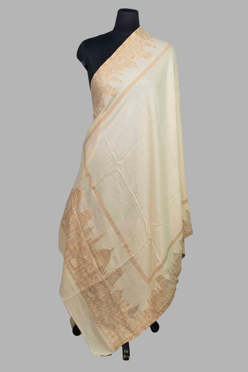 White Color Kashmiri Shawl With Metalic Skyline Pattern