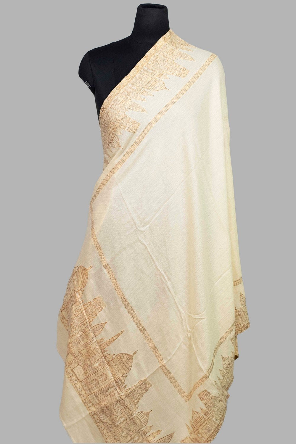 White Color Kashmiri Shawl With Metalic Skyline Pattern