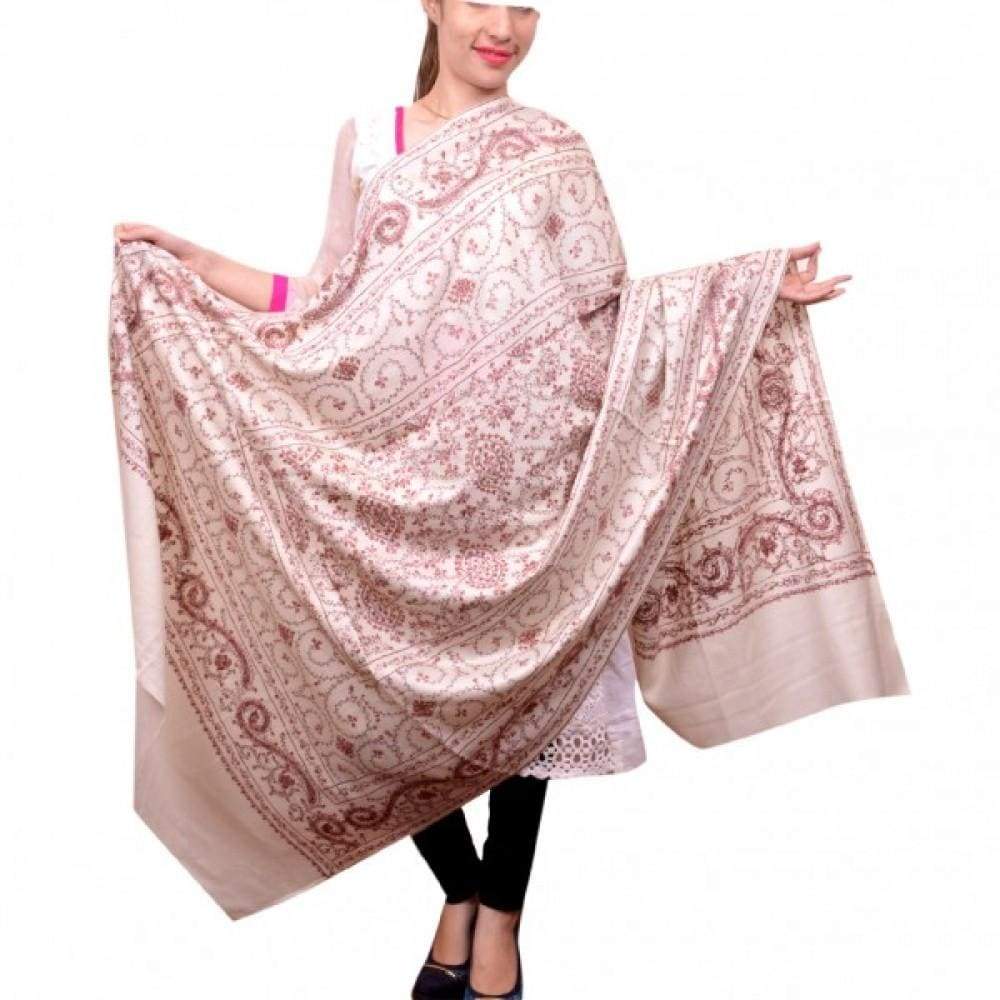 White Color Kashmiri Sozni Work Embroidered Shawl Enriched