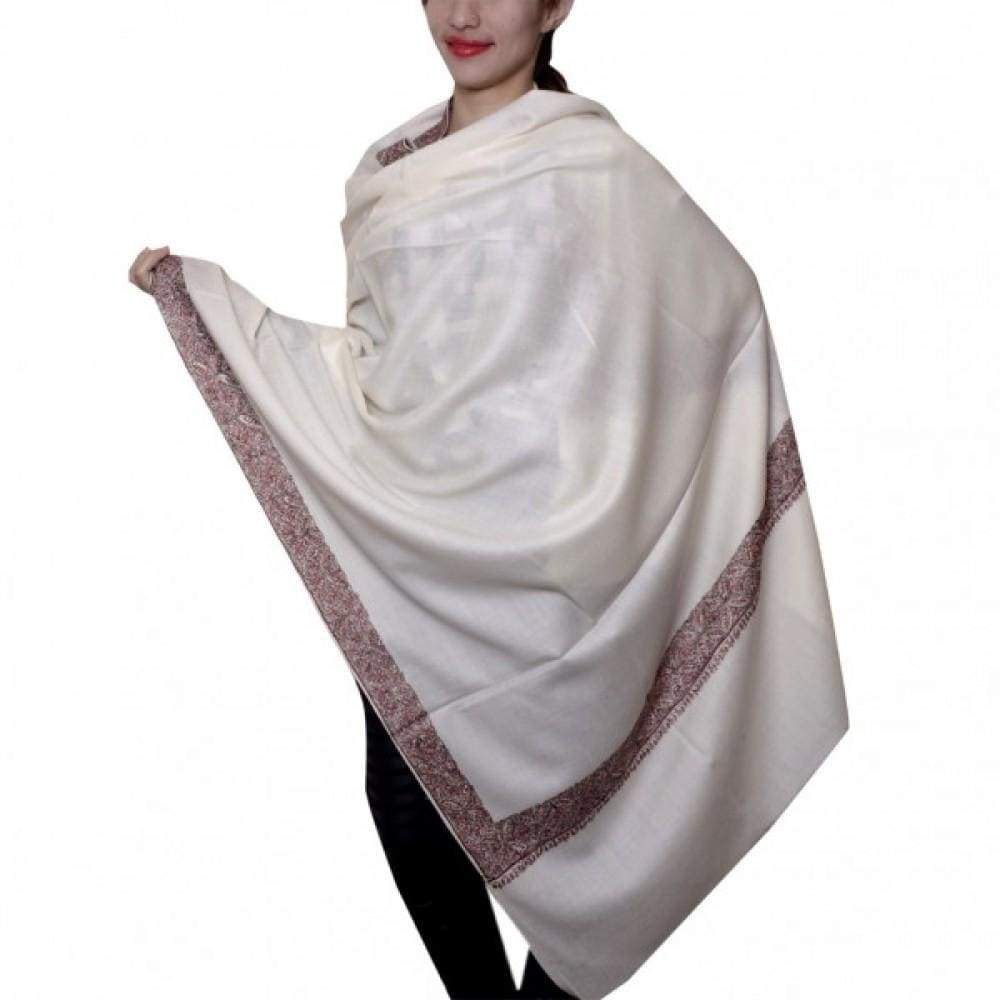 White Color Kashmiri Sozni Work Embroidery Shawl Enriched