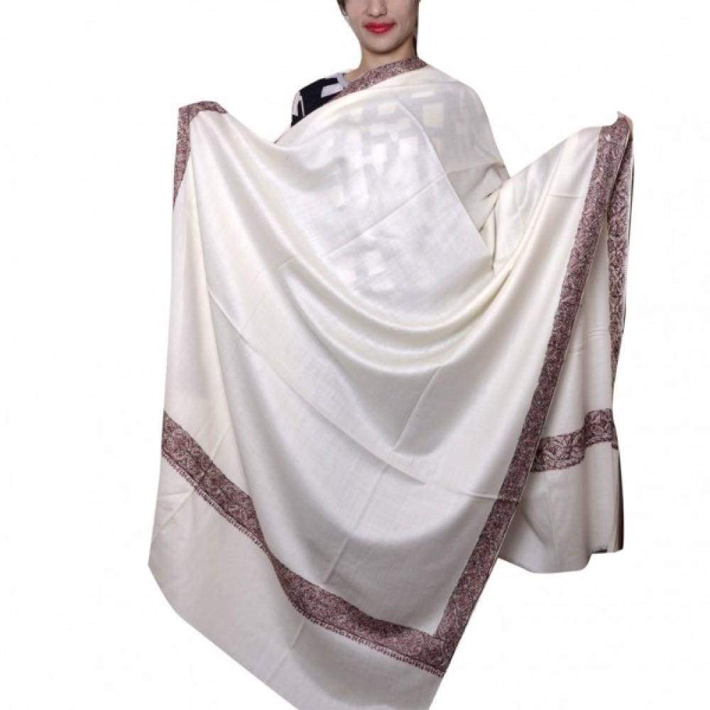 White Color Kashmiri Sozni Work Embroidery Shawl Enriched