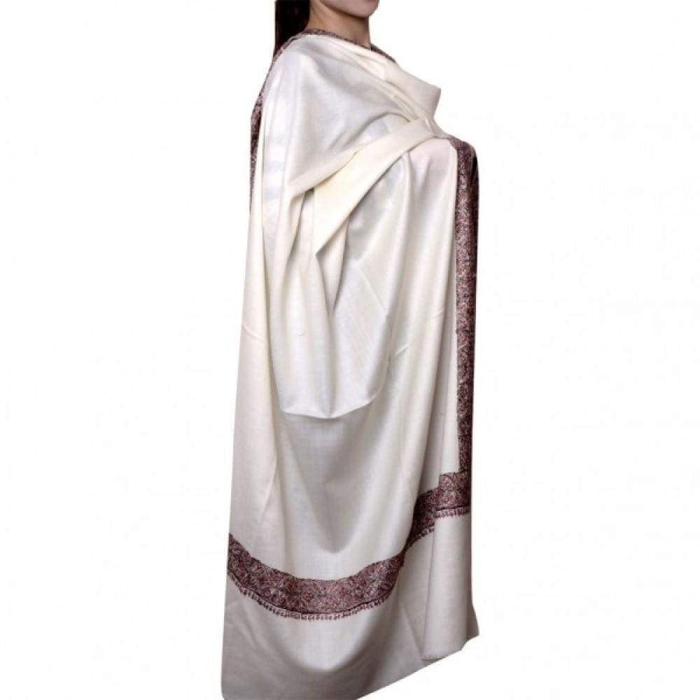 White Color Kashmiri Sozni Work Embroidery Shawl Enriched