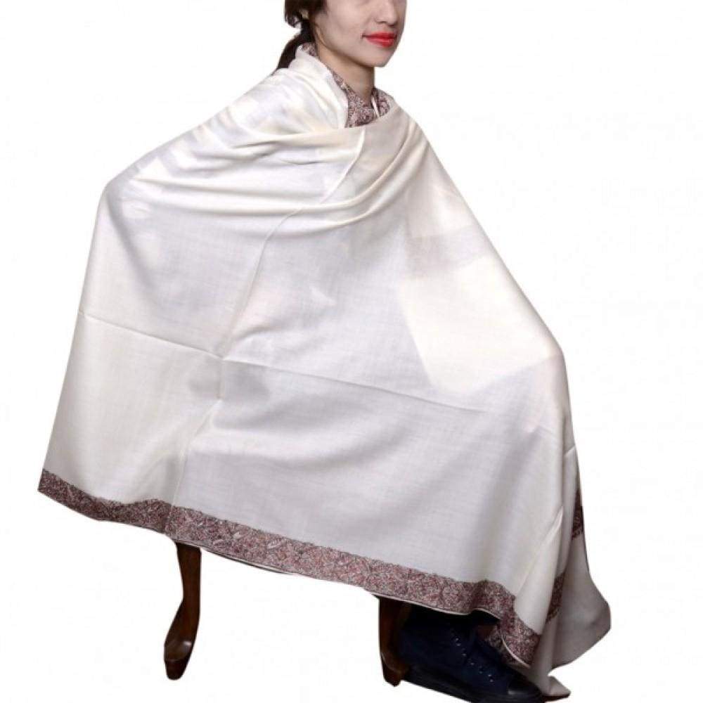 White Color Kashmiri Sozni Work Embroidery Shawl Enriched