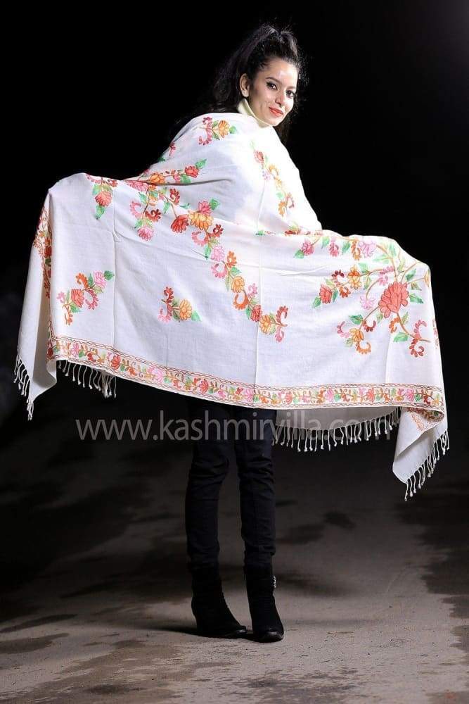 White Color Kashmiri Work Embroidered Shawl Enriched