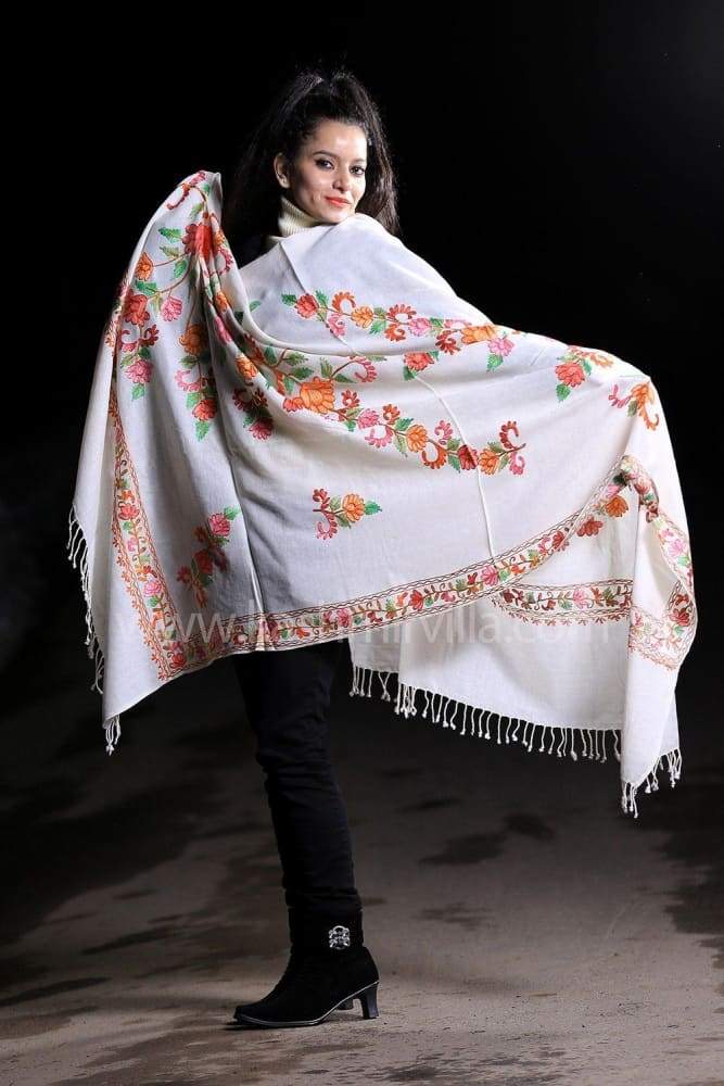White Color Kashmiri Work Embroidered Shawl Enriched