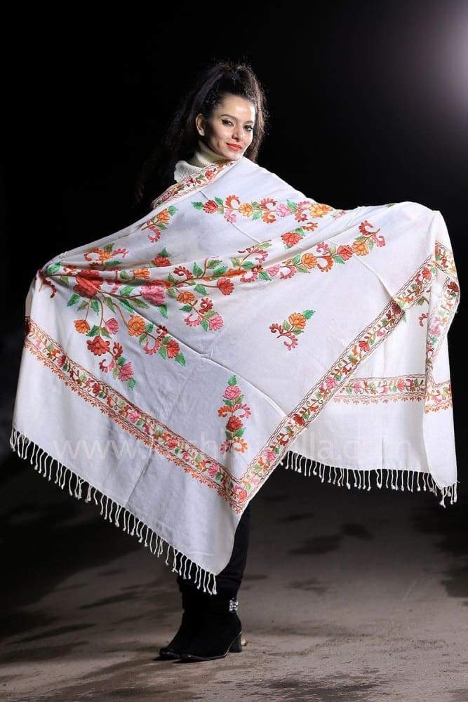 White Color Kashmiri Work Embroidered Shawl Enriched With