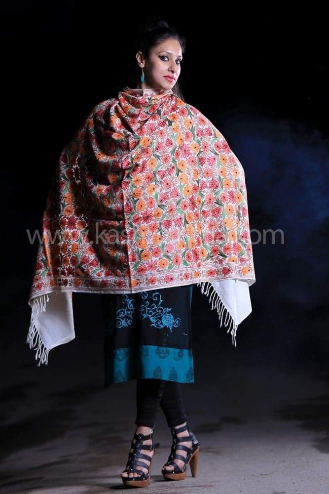 White Color Kashmiri Work Embroidered Shawl Enriched