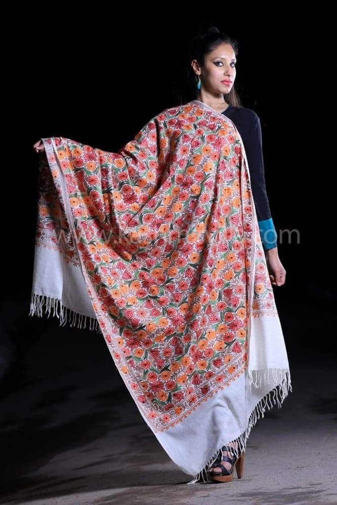 White Color Kashmiri Work Embroidered Shawl Enriched