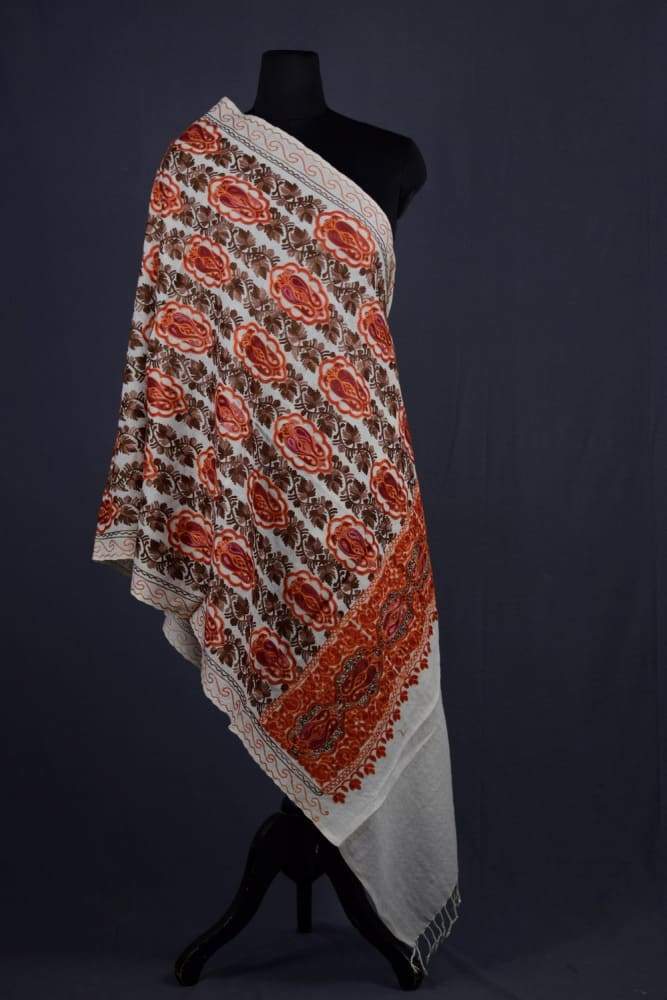 White Color Kashmiri Work Embroidered Stole Enriched