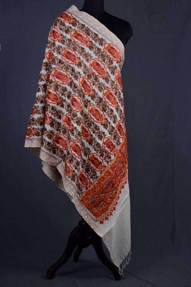 White Color Kashmiri Work Embroidered Stole Enriched