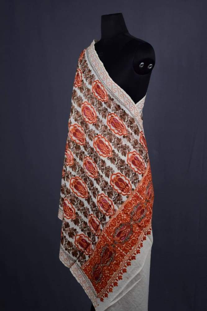 White Color Kashmiri Work Embroidered Stole Enriched