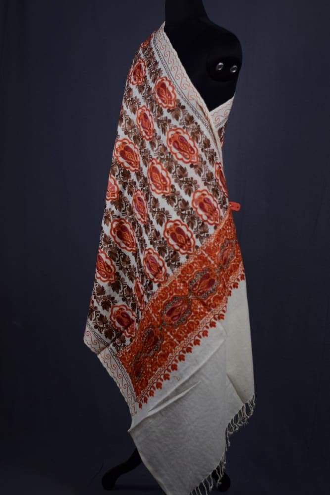 White Color Kashmiri Work Embroidered Stole Enriched