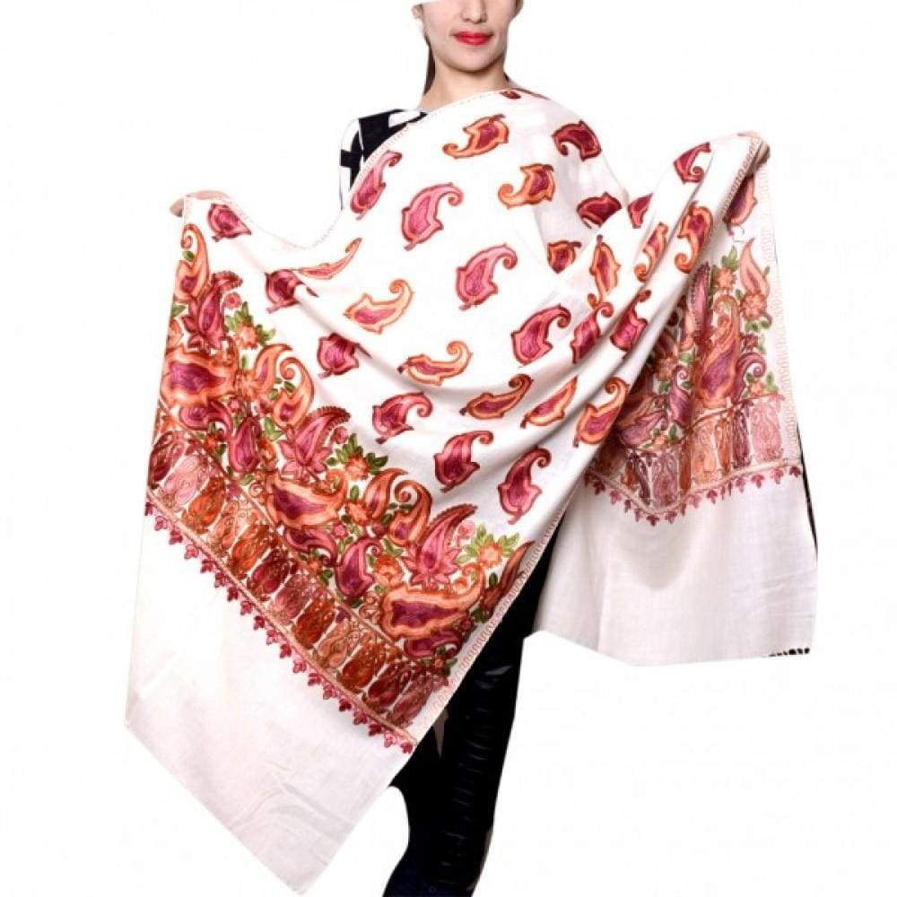 White Color Kashmiri Work Embroidered Stole Enriched