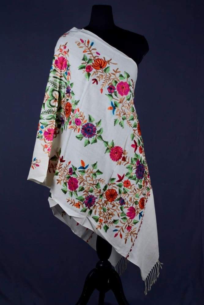 White Color Kashmiri Work Embroidered Stole Enriched