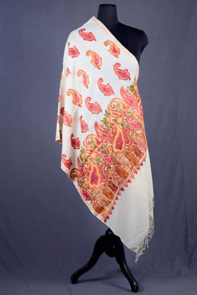 White Color Kashmiri Work Embroidered Stole Enriched