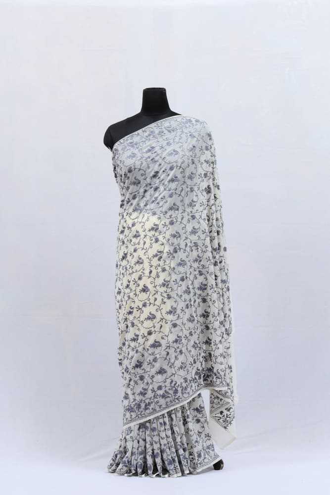 Off White Color Kashmiri Work With Grey Thread Embroidery