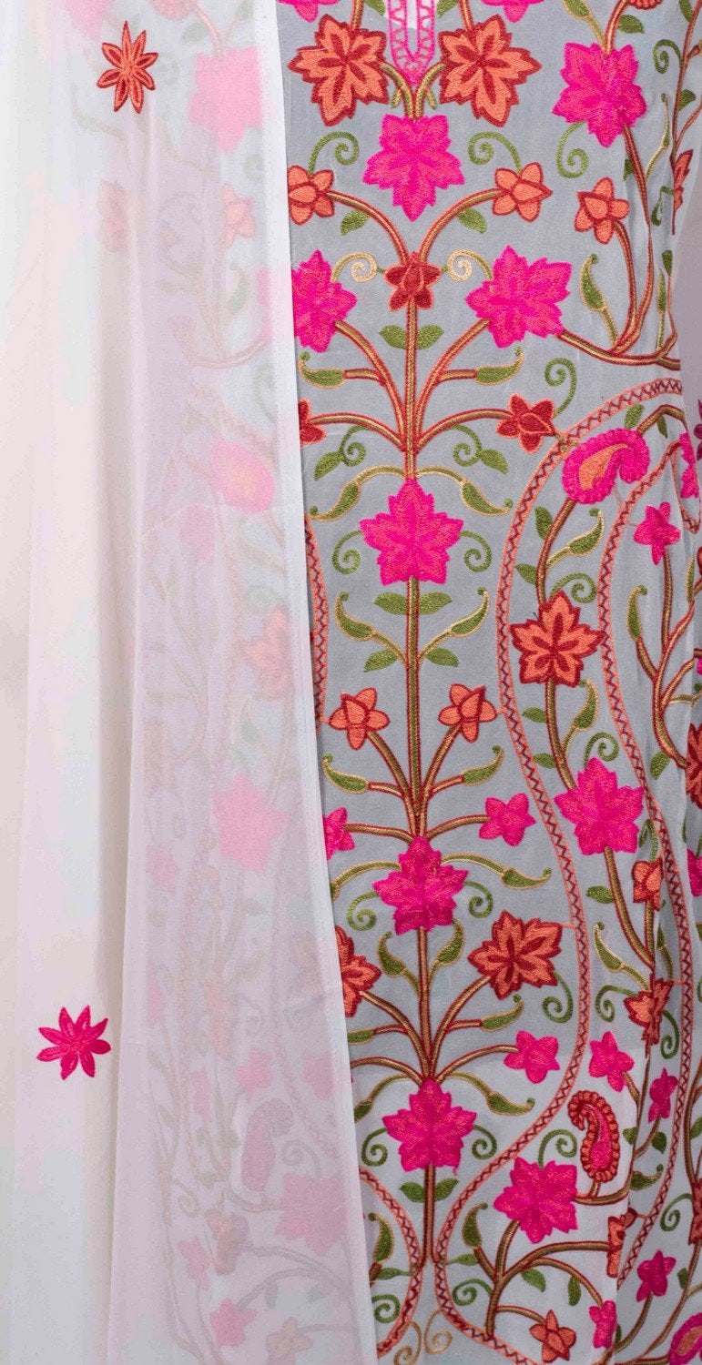 White Colour Aari Work Jaal Kurti With Thread Embroidery