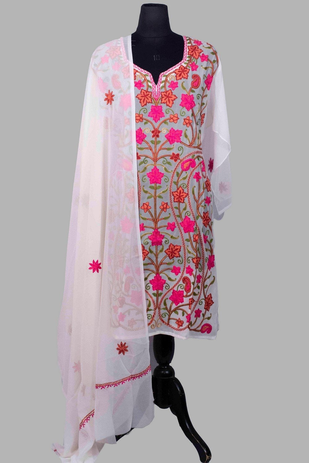 White Colour Aari Work Jaal Kurti With Thread Embroidery