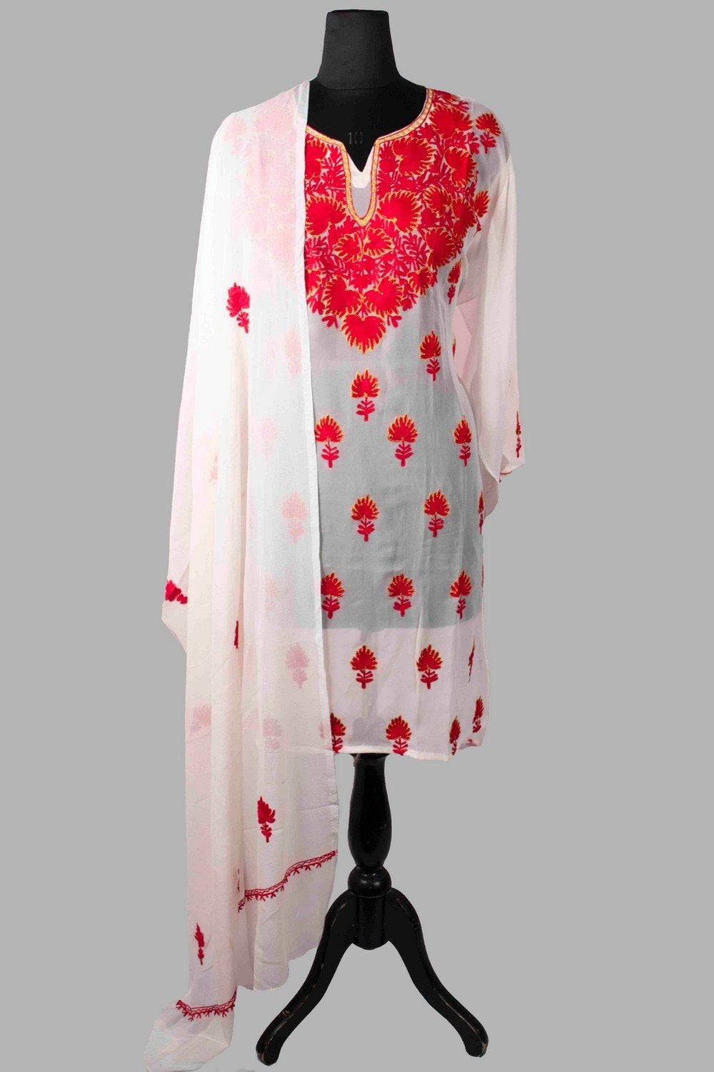 White Colour Aari Work Kurti With Golden Thread Embroidery