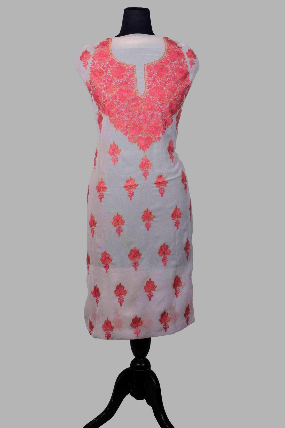 White Colour Aari Work Kurti With Golden Thread Embroidery