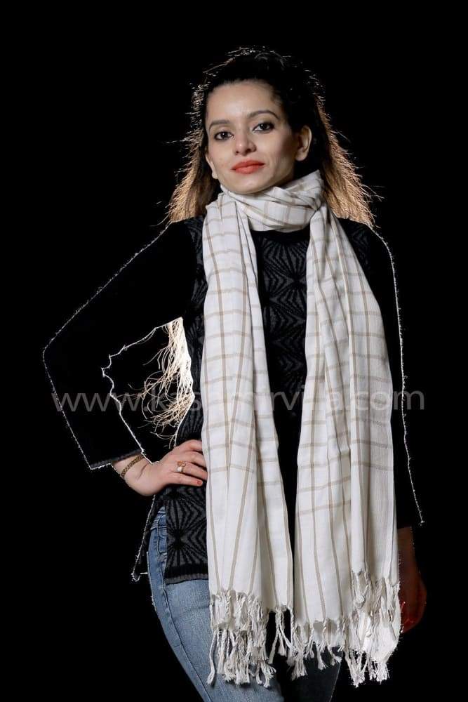White Colour Check Woolen Shawl Gives Modern Look.