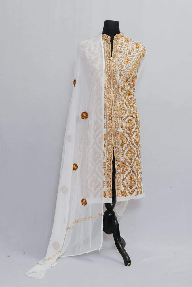 White Colour Cotton Suit With Rich Jaal Of Kashmiri