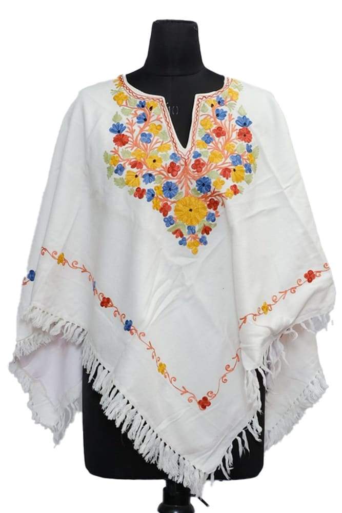 White Colour Ponchu With Elegant Kashmiri Embroidery.