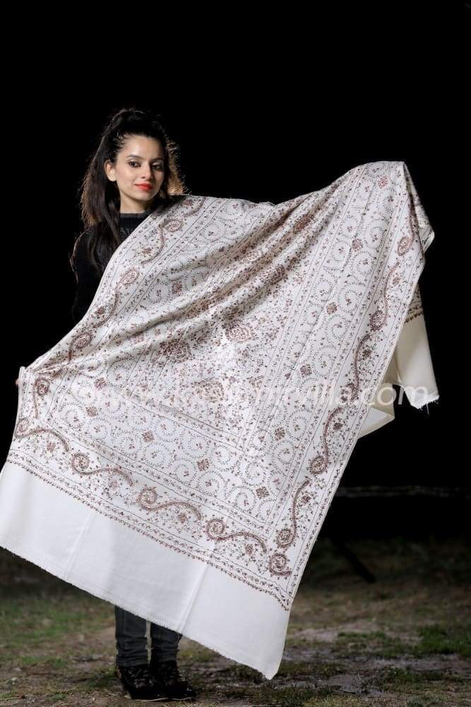 Off White Colour SemiPashmina Shawl With OverAll Jaal Gives