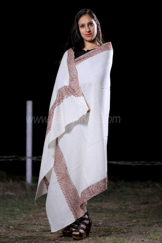 White Colour Semi Pashmina Sozni Shawl With Beautiful