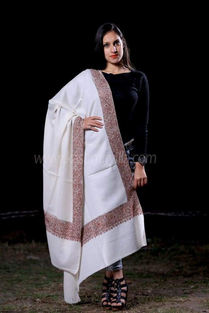 White Colour Semi Pashmina Sozni Shawl With Beautiful