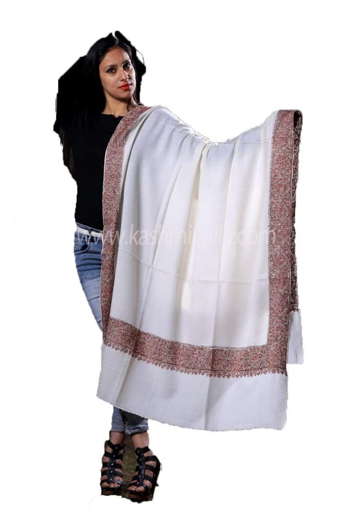 White Colour Semi Pashmina Sozni Shawl With Beautiful