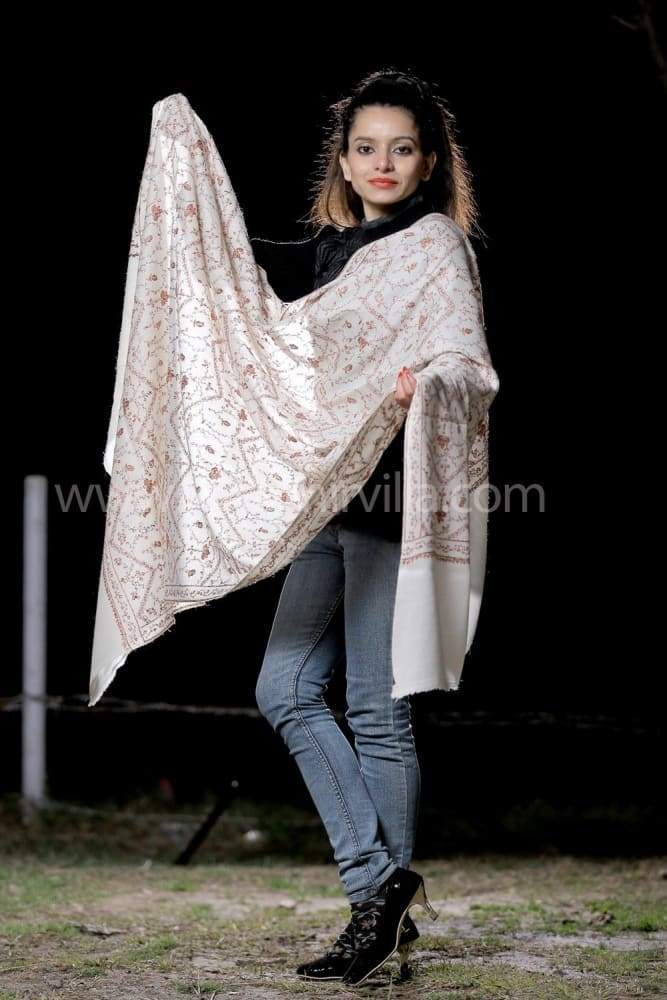 White Colour SemiPashmina Sozni Shawl With Beautifully