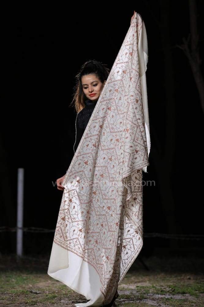 White Colour SemiPashmina Sozni Shawl With Beautifully