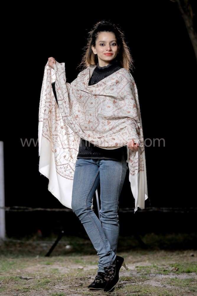 White Colour SemiPashmina Sozni Shawl With Beautifully
