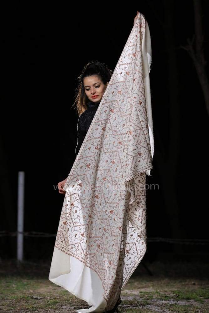 White Colour SemiPashmina Sozni Shawl With Beautifully