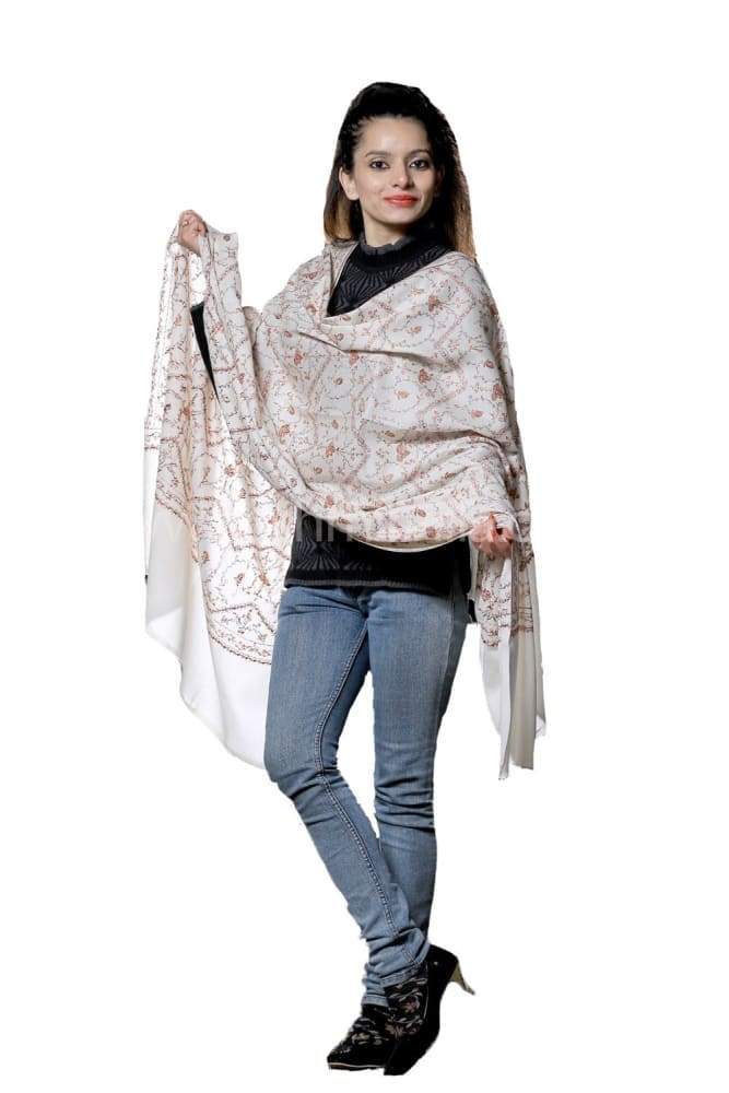White Colour SemiPashmina Sozni Shawl With Beautifully