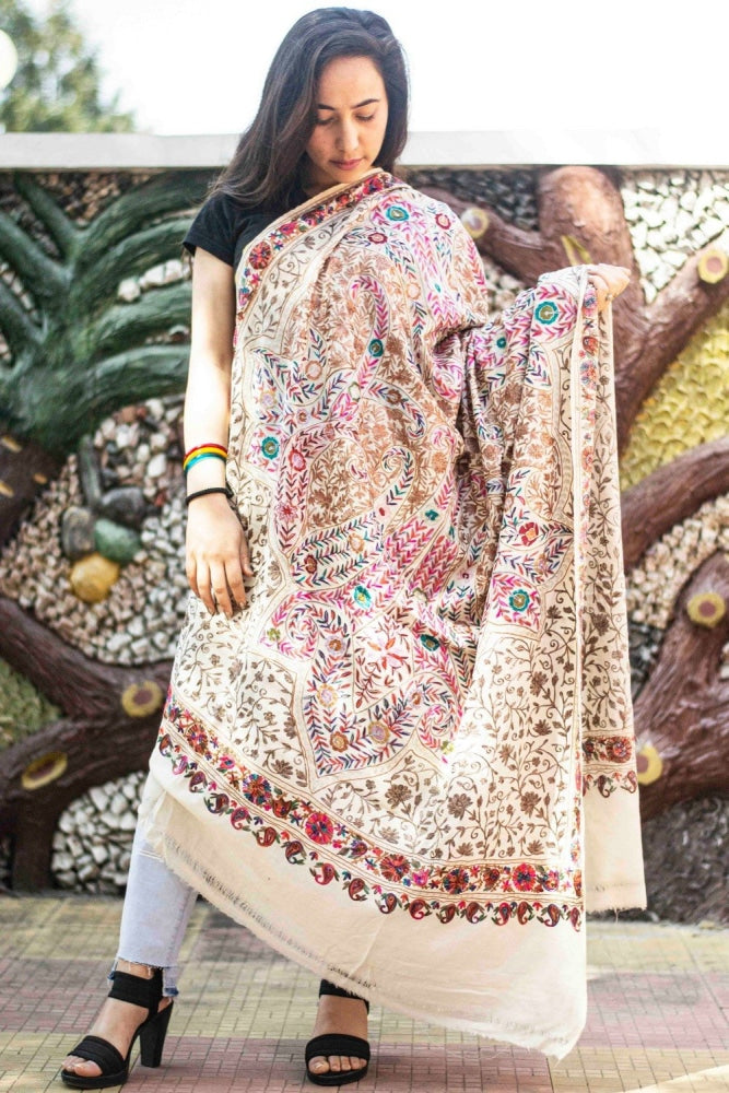 White Colour Stole With Kashmiri Embroidery Compliments