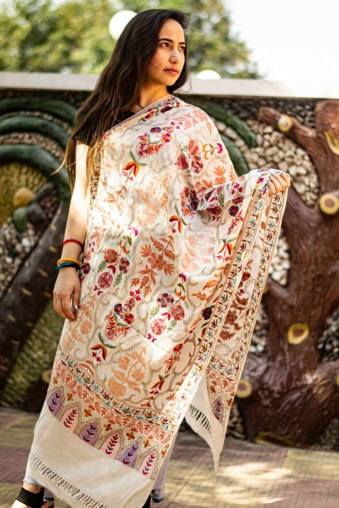 White Colour Stole With Kashmiri Embroidery Compliments