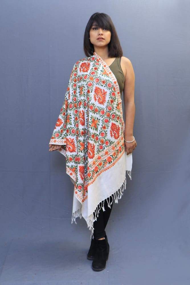White Colour Stole With Kashmiri Embroidery Compliments