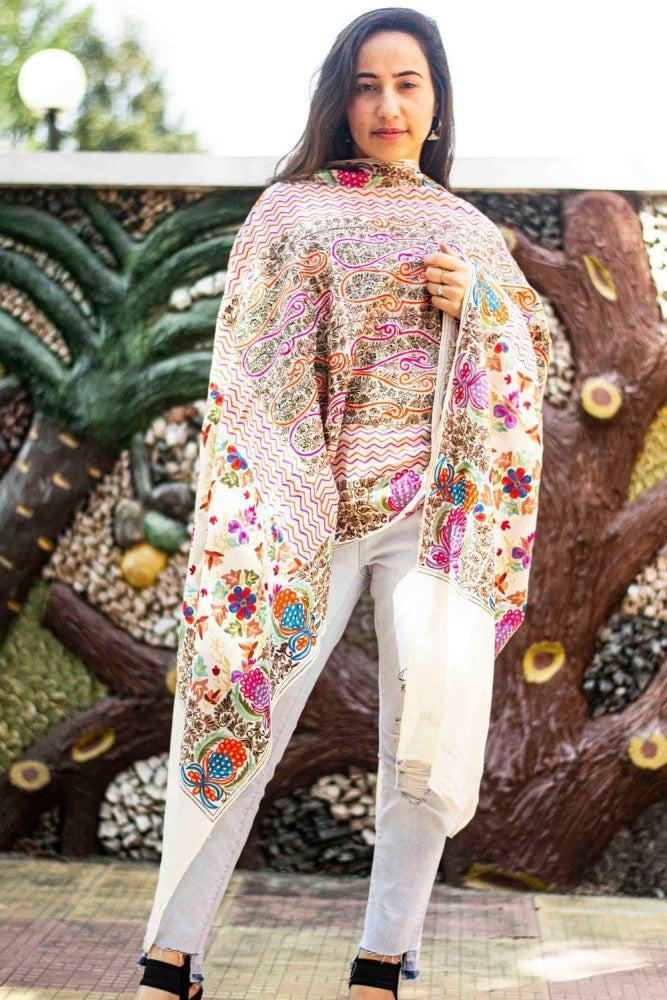 White Colour Stole With Kashmiri Embroidery Compliments