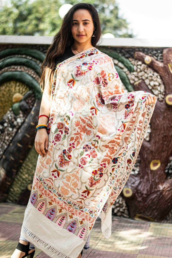 White Colour Stole With Kashmiri Embroidery Compliments
