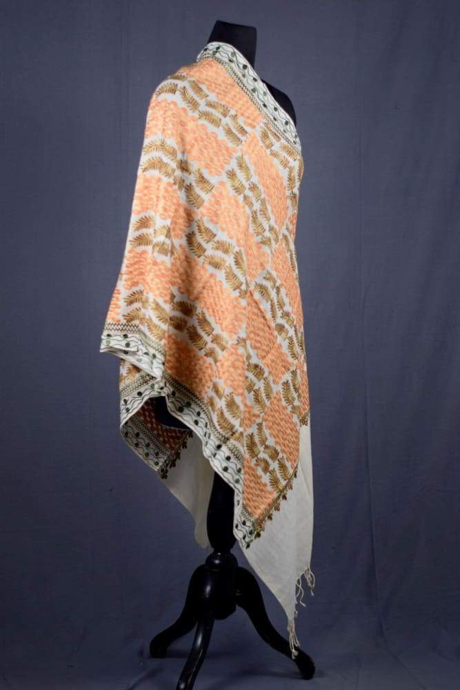 White Colour Woolen Aari Work Women Stole With Multi colour