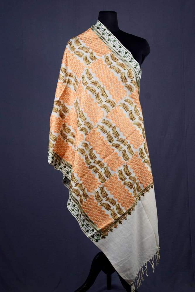 White Colour Woolen Aari Work Women Stole With Multi colour