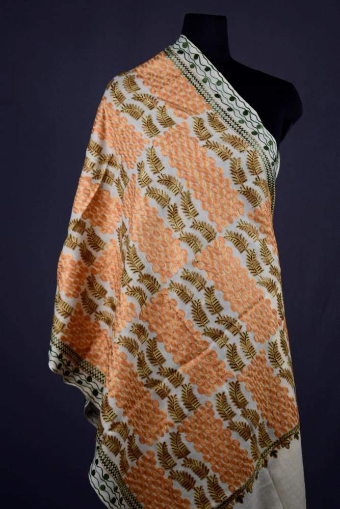 White Colour Woolen Aari Work Women Stole With Multi colour